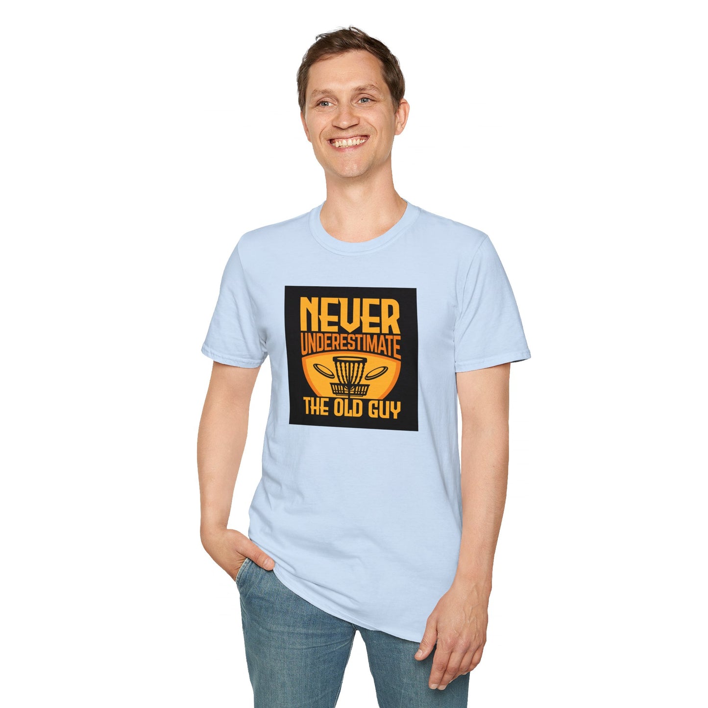 Never Underestimate the Old Guy Disc Golf Apparel Softstyle T-Shirt by Celestial