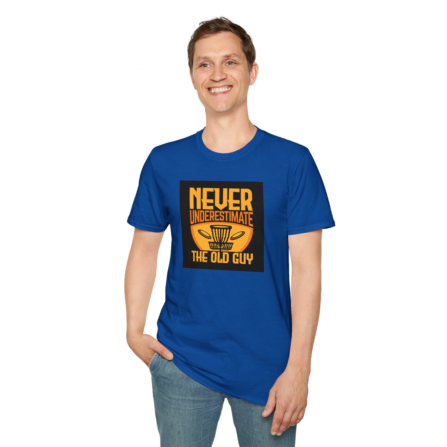 Never Underestimate the Old Guy Disc Golf Apparel Softstyle T-Shirt by Celestial
