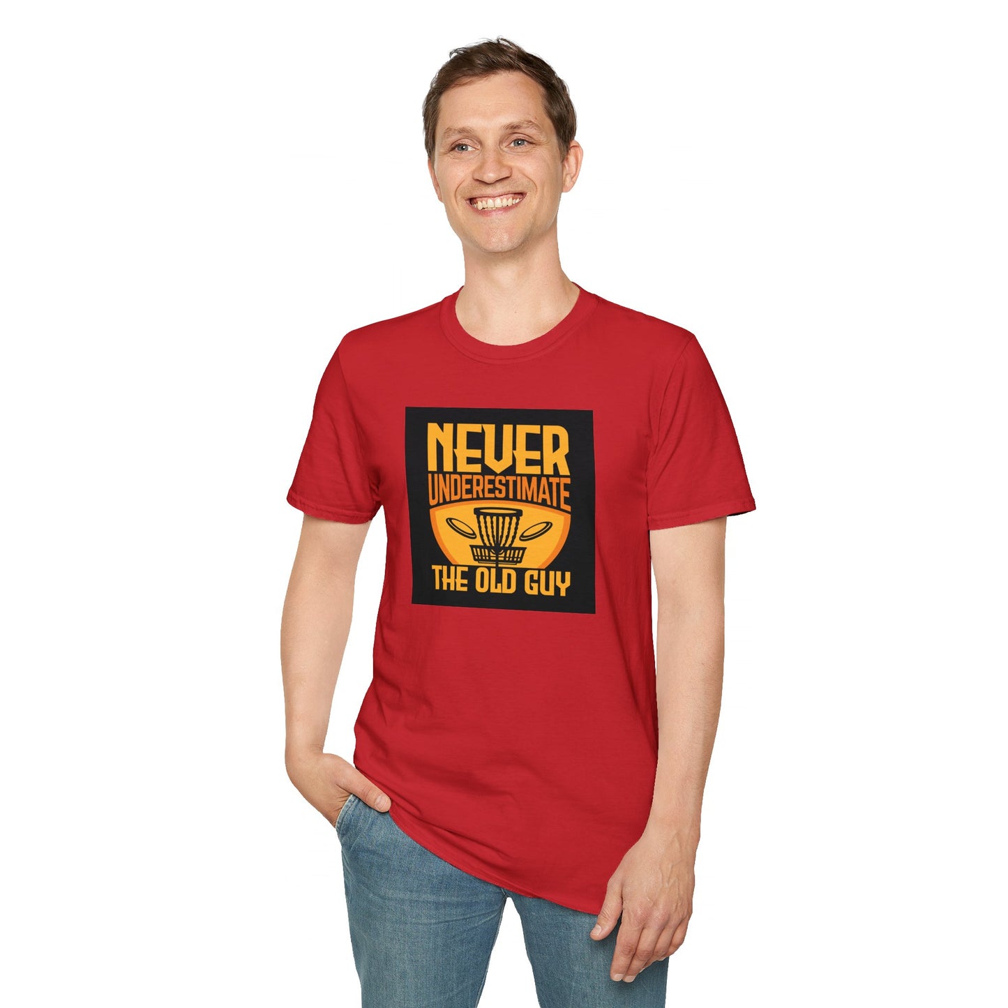Never Underestimate the Old Guy Disc Golf Apparel Softstyle T-Shirt by Celestial