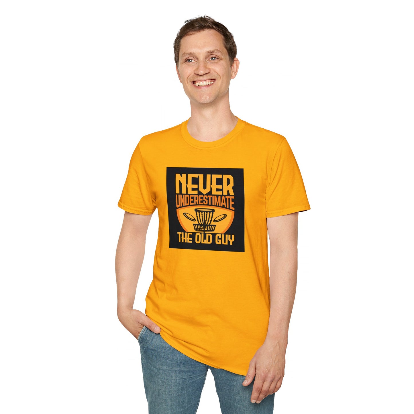 Never Underestimate the Old Guy Disc Golf Apparel Softstyle T-Shirt by Celestial