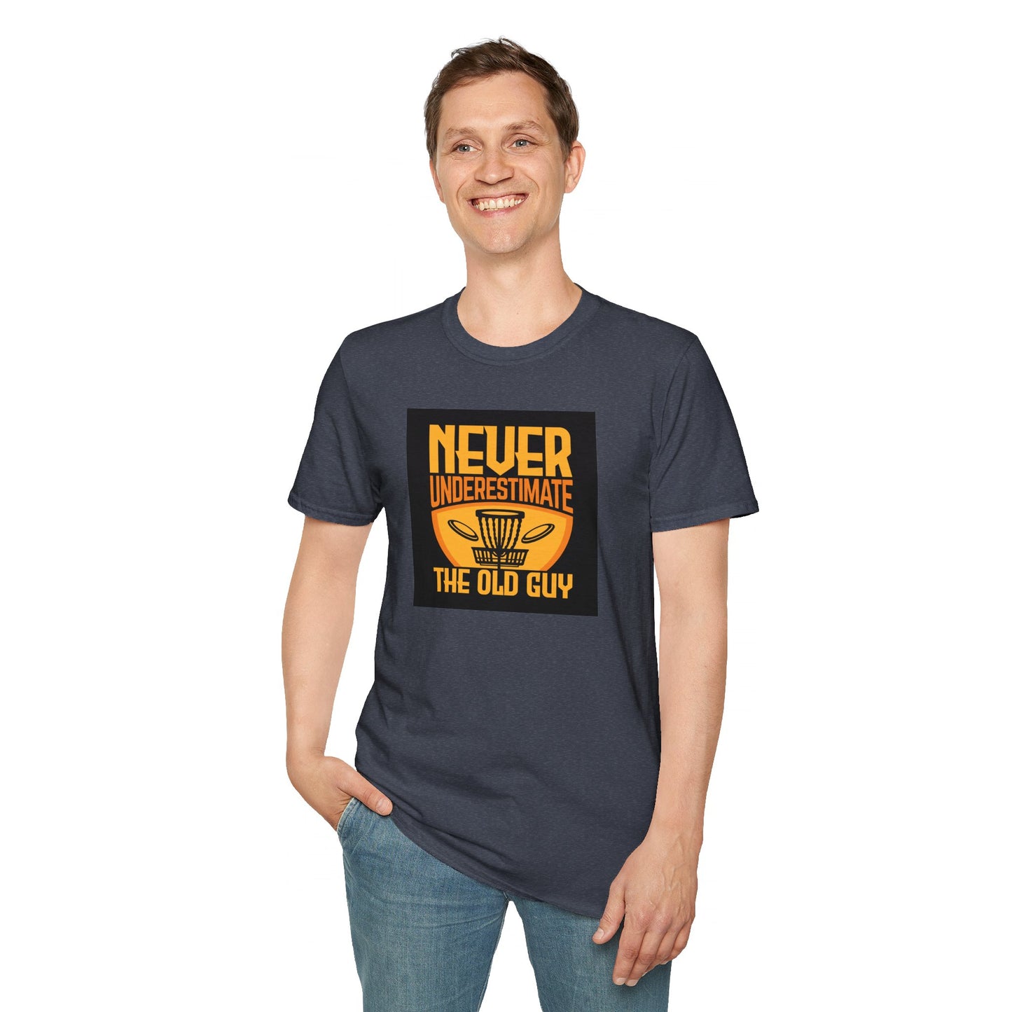 Never Underestimate the Old Guy Disc Golf Apparel Softstyle T-Shirt by Celestial