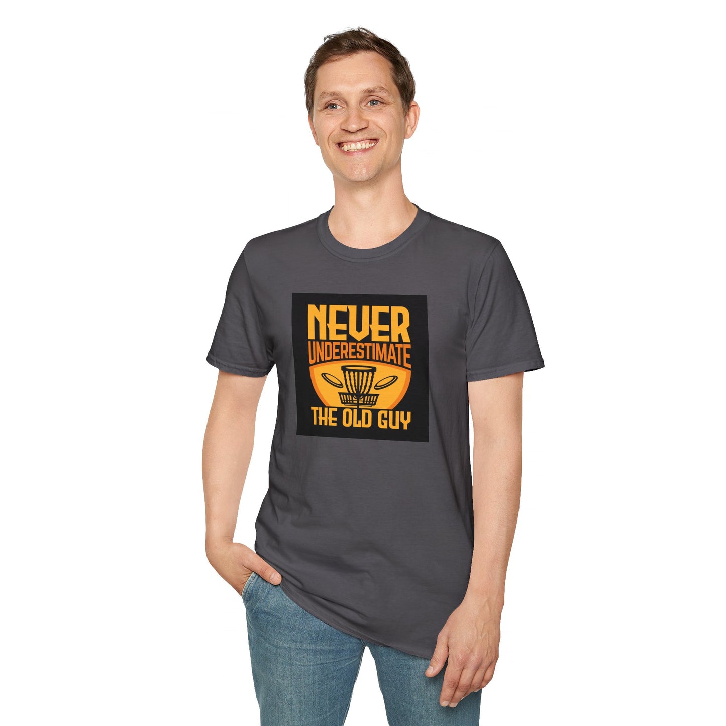 Never Underestimate the Old Guy Disc Golf Apparel Softstyle T-Shirt by Celestial