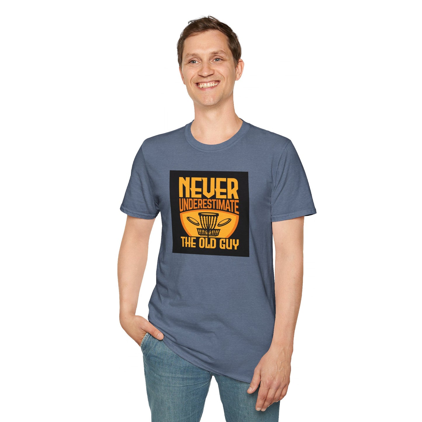 Never Underestimate the Old Guy Disc Golf Apparel Softstyle T-Shirt by Celestial