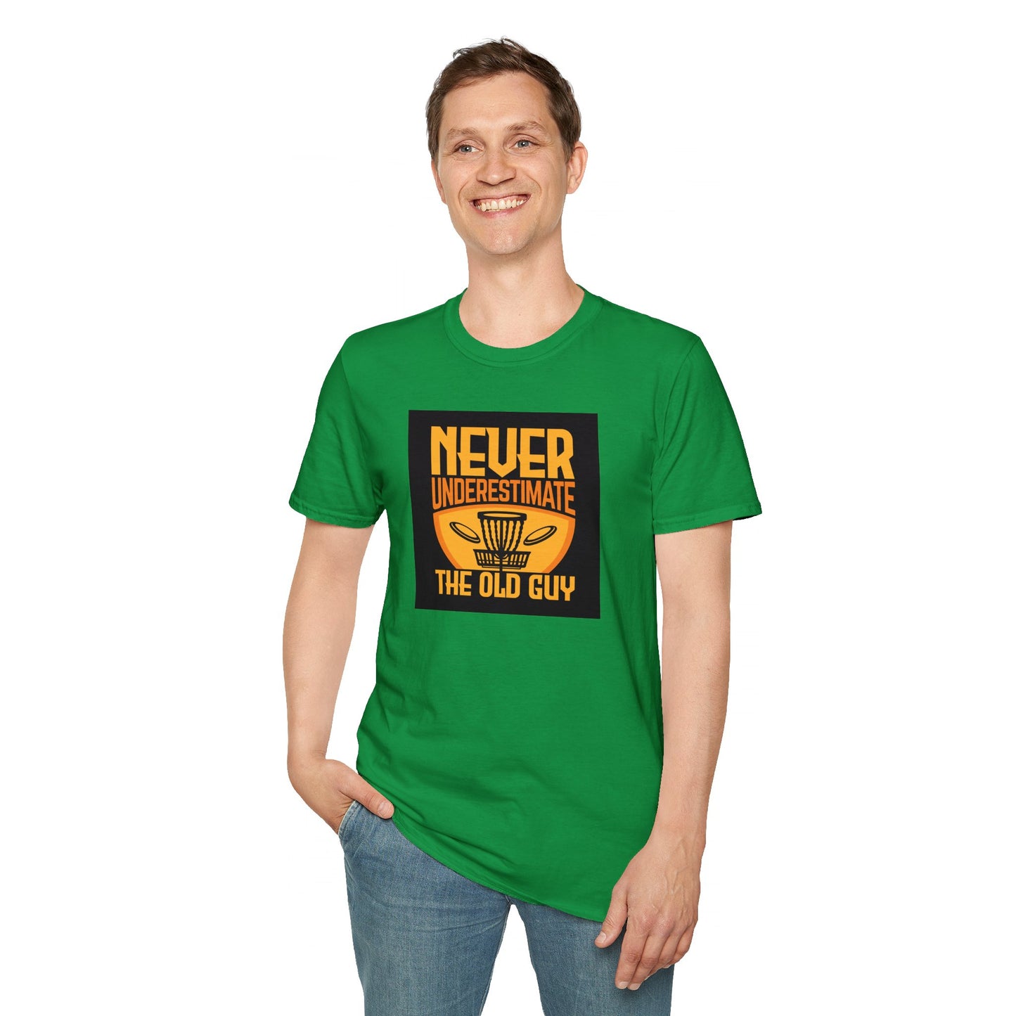 Never Underestimate the Old Guy Disc Golf Apparel Softstyle T-Shirt by Celestial