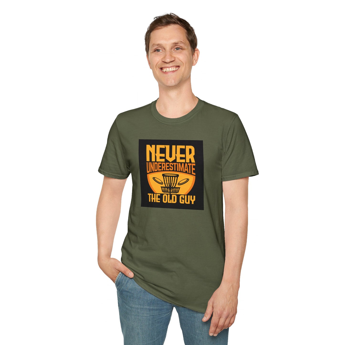 Never Underestimate the Old Guy Disc Golf Apparel Softstyle T-Shirt by Celestial