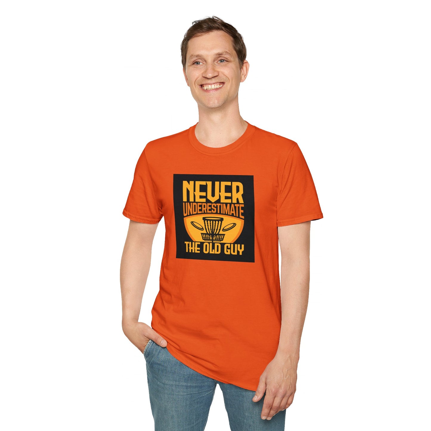 Never Underestimate the Old Guy Disc Golf Apparel Softstyle T-Shirt by Celestial