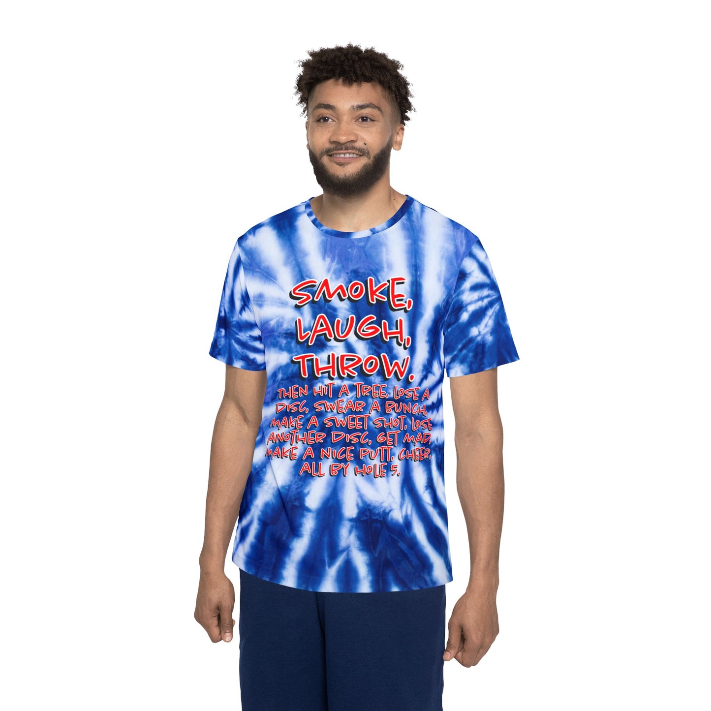 Smoke, Laugh, Throw Humor Tie-Dye Inspired Disc Golf Apparel Men's Sports Jersey by Celestial
