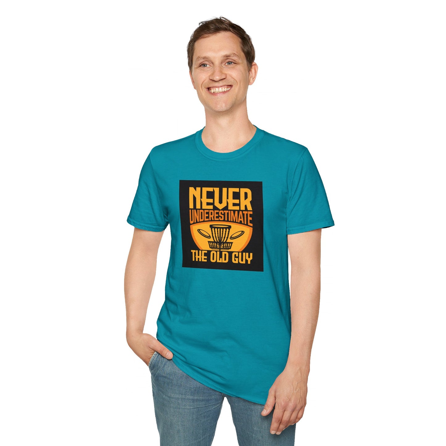 Never Underestimate the Old Guy Disc Golf Apparel Softstyle T-Shirt by Celestial
