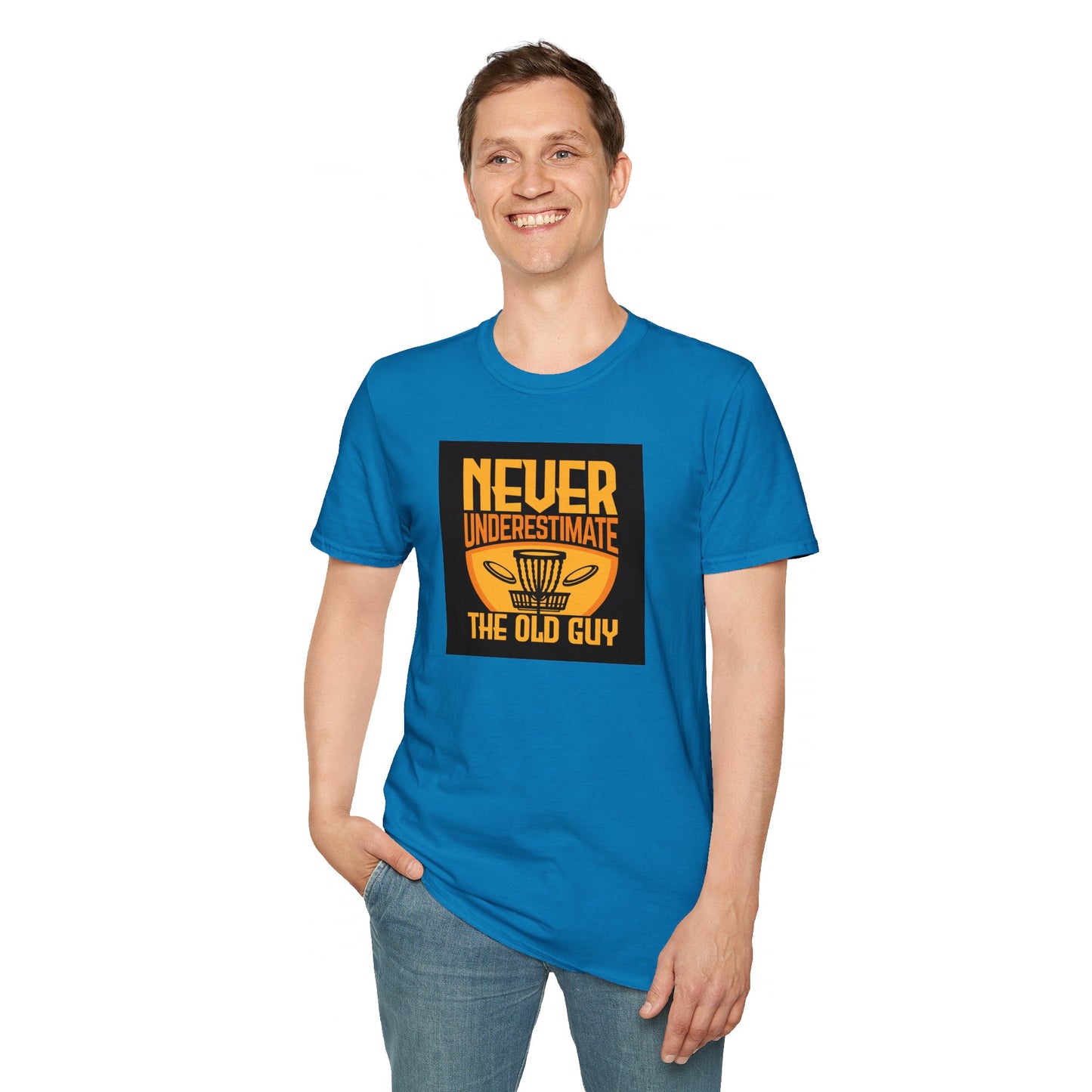 Never Underestimate the Old Guy Disc Golf Apparel Softstyle T-Shirt by Celestial