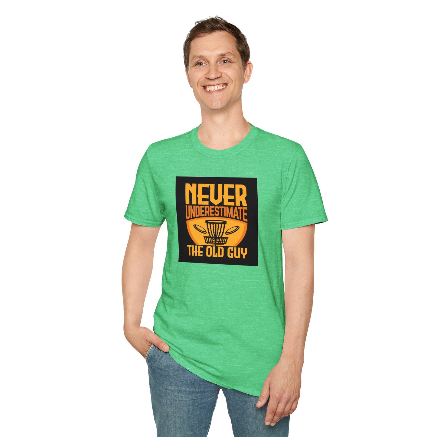 Never Underestimate the Old Guy Disc Golf Apparel Softstyle T-Shirt by Celestial