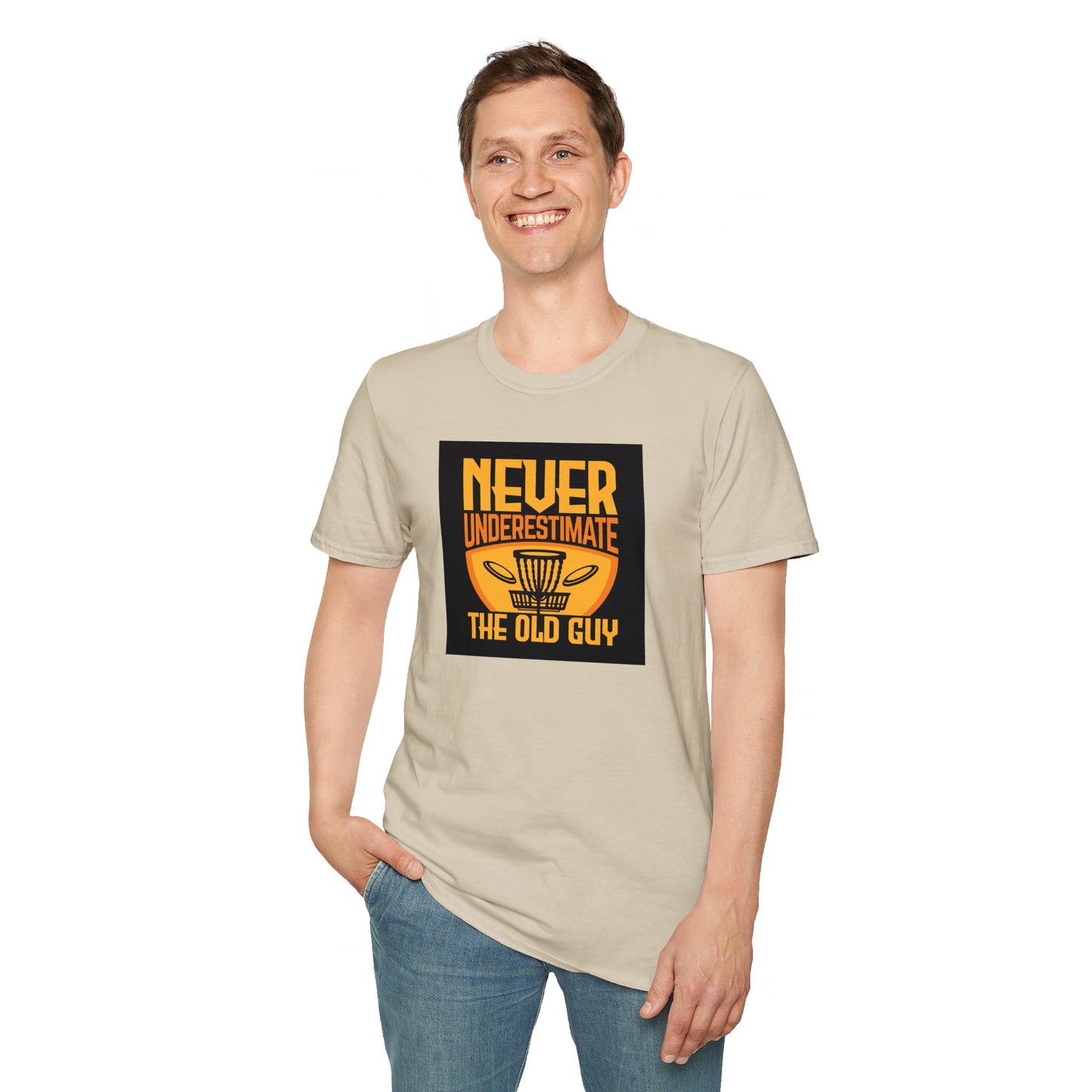 Never Underestimate the Old Guy Disc Golf Apparel Softstyle T-Shirt by Celestial