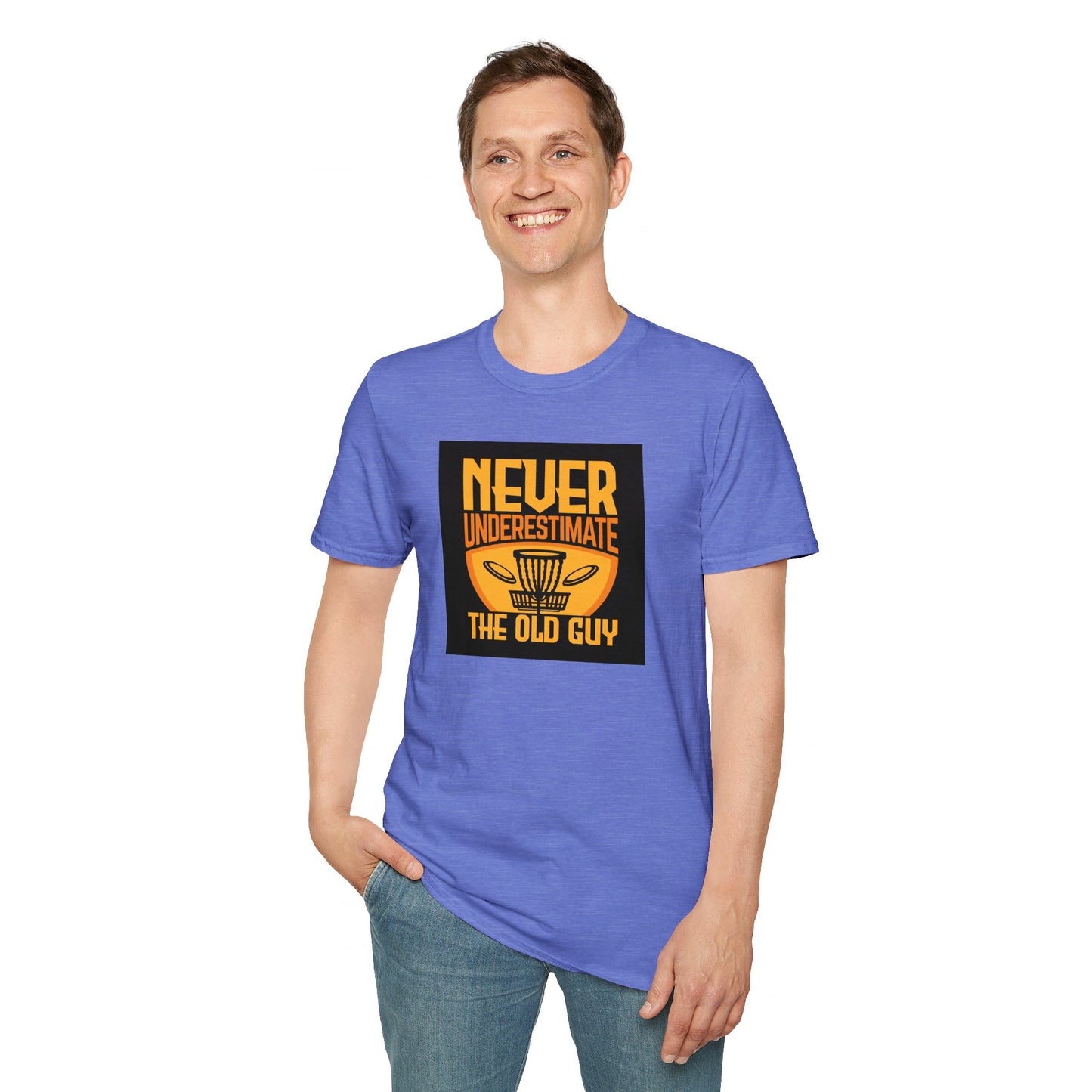 Never Underestimate the Old Guy Disc Golf Apparel Softstyle T-Shirt by Celestial