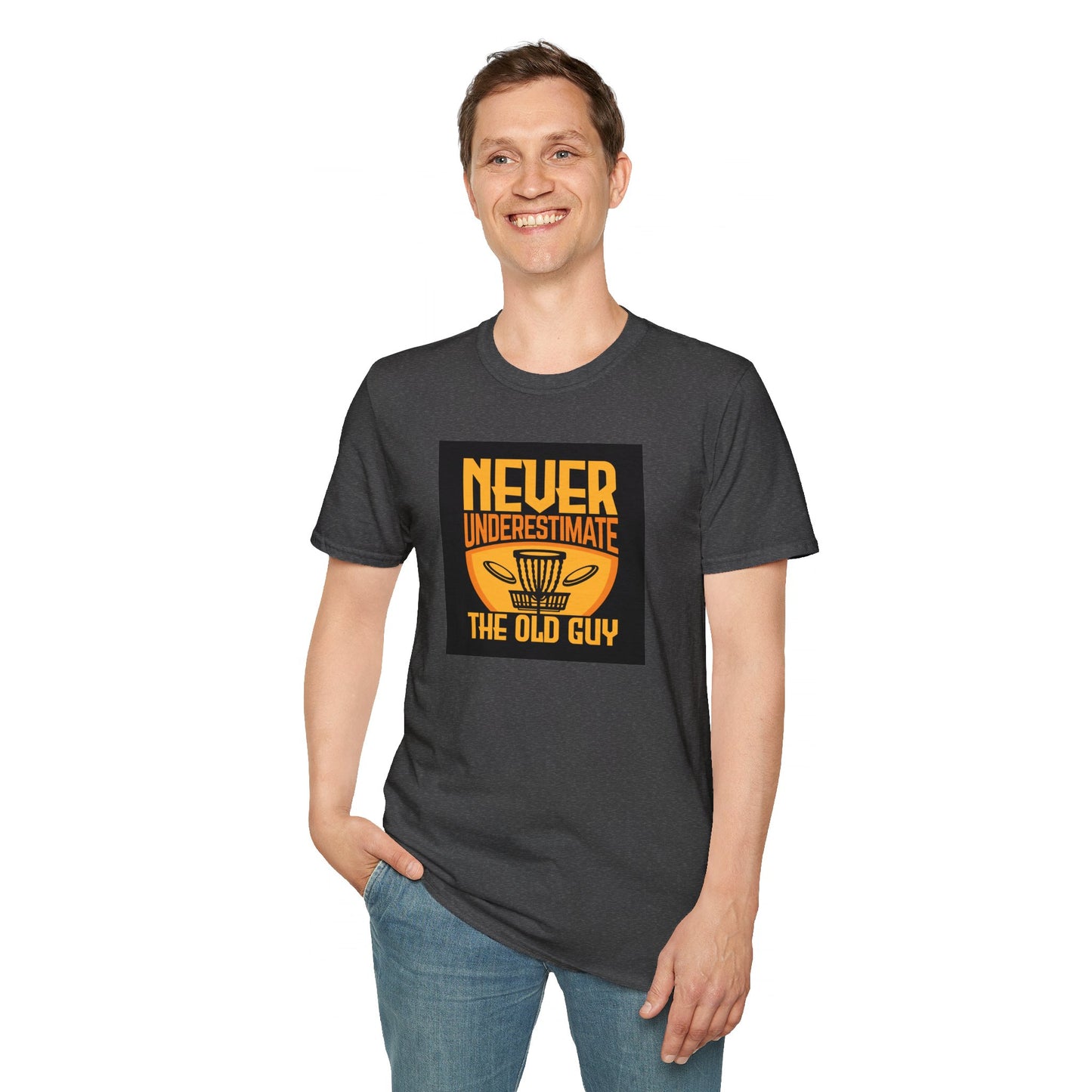 Never Underestimate the Old Guy Disc Golf Apparel Softstyle T-Shirt by Celestial